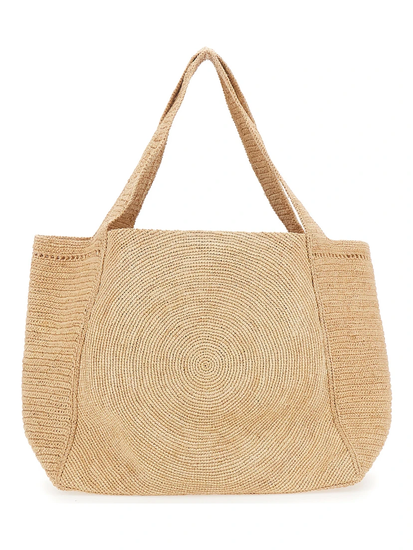 Beige Tote Bag with Two Top Handles and Logo Embroidery on the Front in Raffia Woman