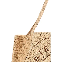 Beige Tote Bag with Two Top Handles and Logo Embroidery on the Front in Raffia Woman