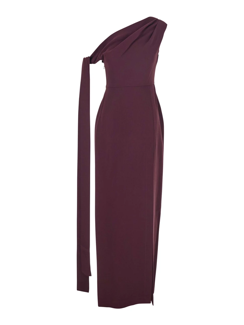Irina Bordeaux One-Shoulder Long Dress with Draped Neckline in Fabric Woman