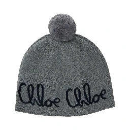 Grey Beanie with Pompon and Logo Lettering in Wool and Cotton Girl