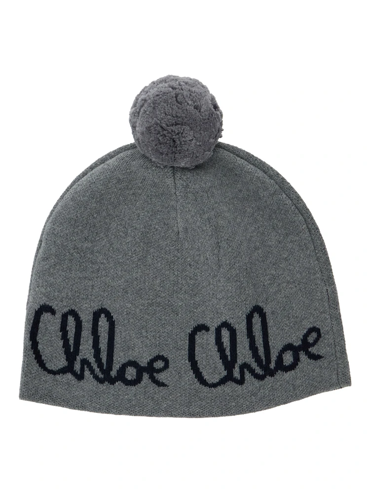 Grey Beanie with Pompon and Logo Lettering in Wool and Cotton Girl