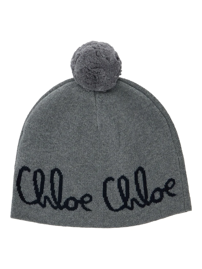 Grey Beanie with Pompon and Logo Lettering in Wool and Cotton Girl