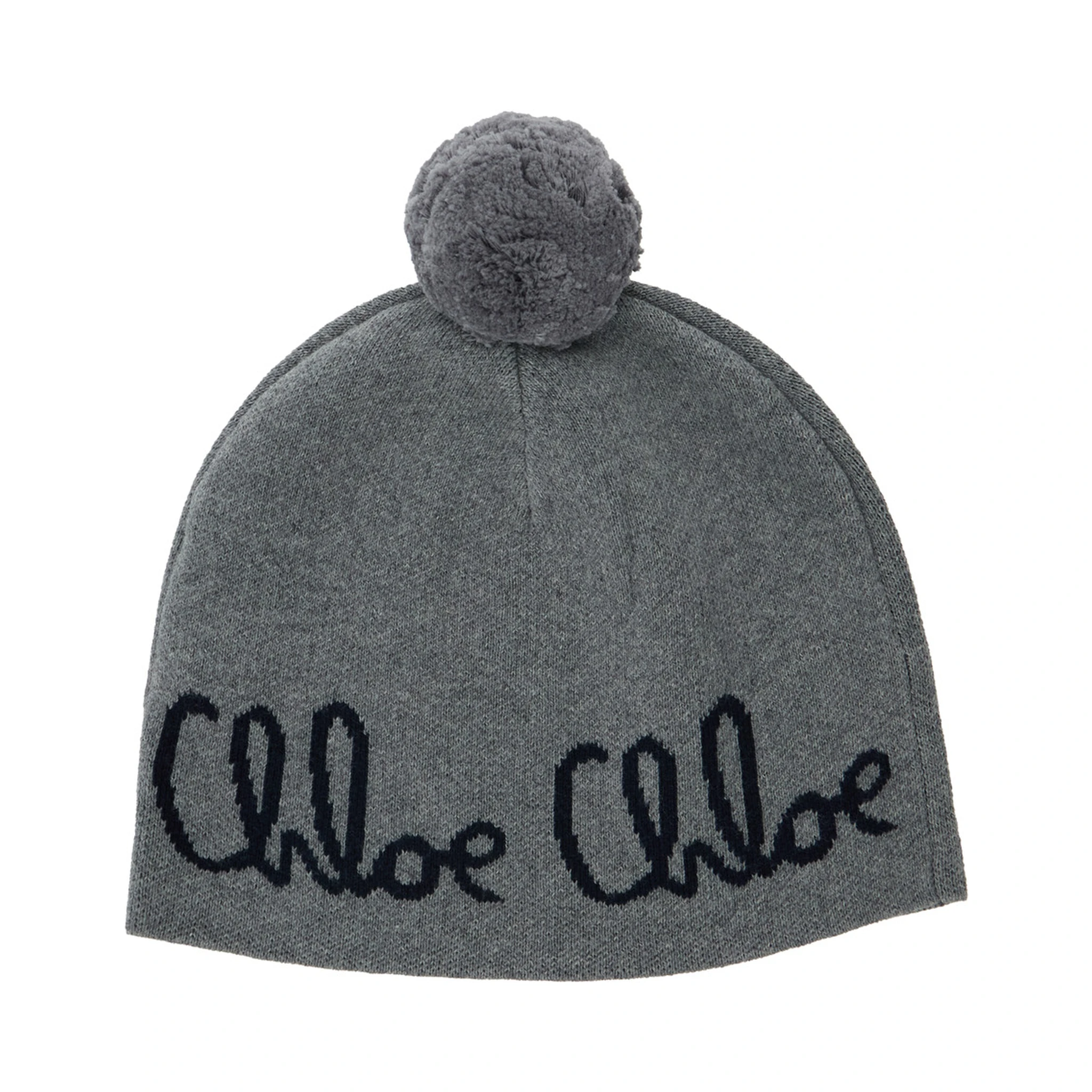 Grey Beanie with Pompon and Logo Lettering in Wool and Cotton Girl