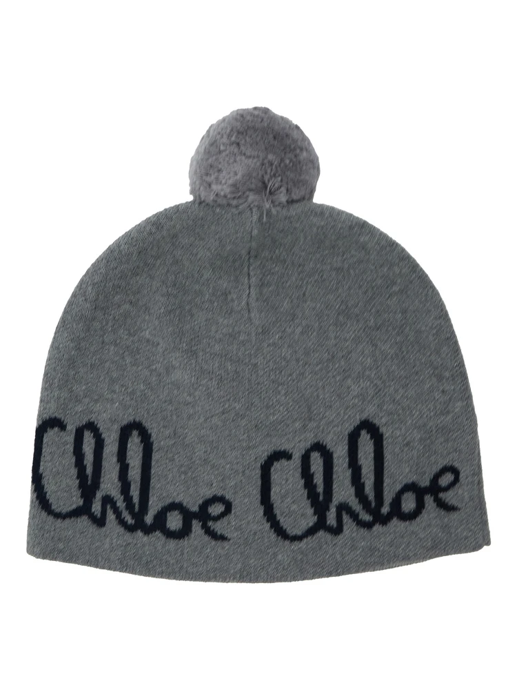 Grey Beanie with Pompon and Logo Lettering in Wool and Cotton Girl alternative