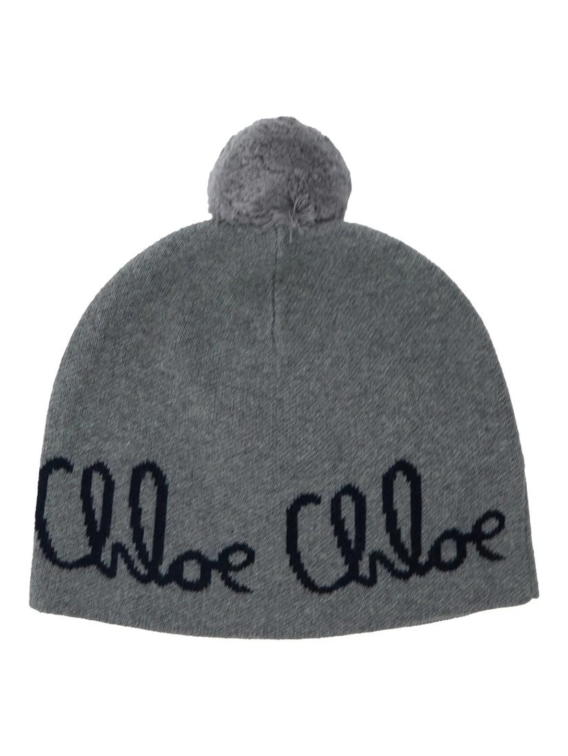Grey Beanie with Pompon and Logo Lettering in Wool and Cotton Girl
