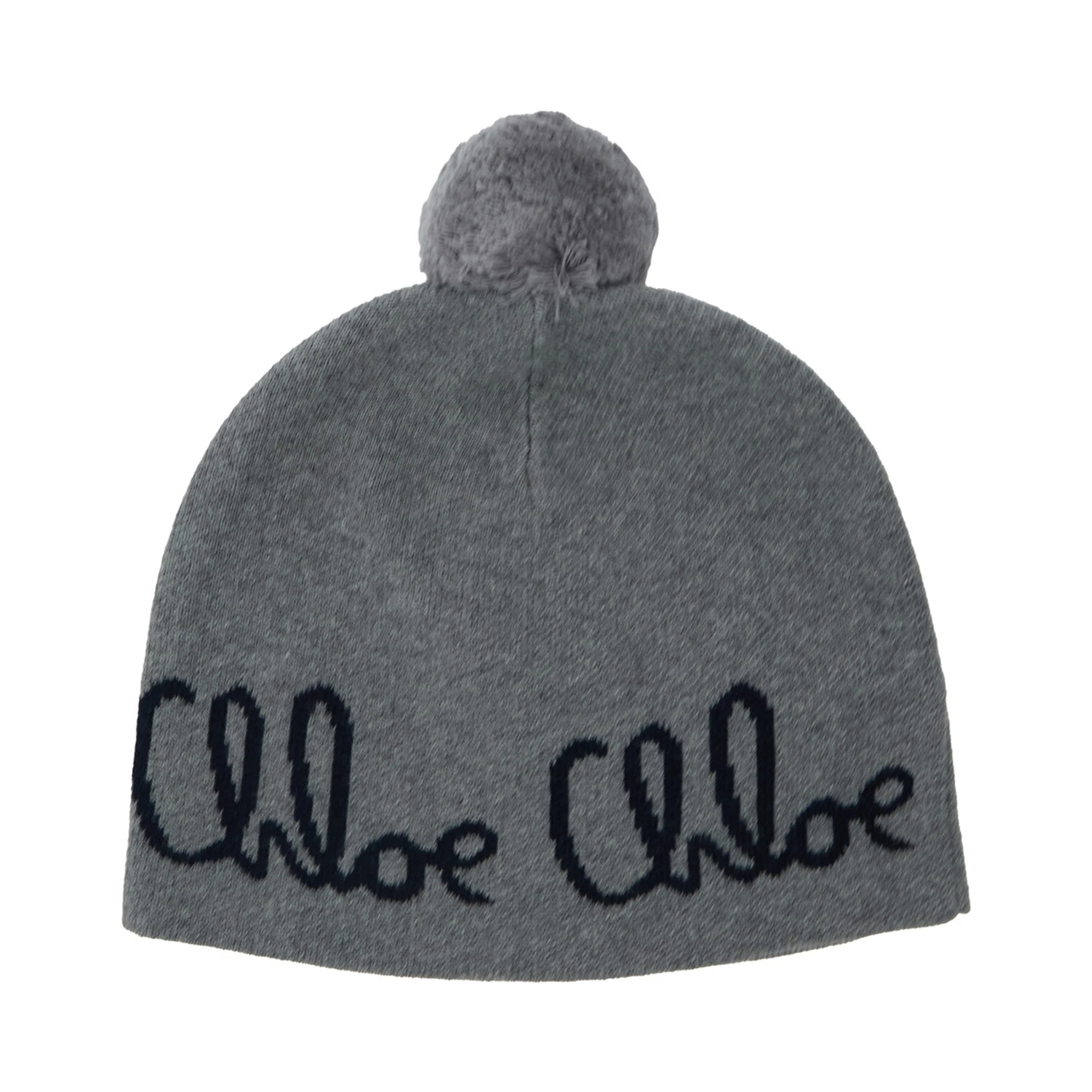 Grey Beanie with Pompon and Logo Lettering in Wool and Cotton Girl