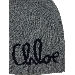 Grey Beanie with Pompon and Logo Lettering in Wool and Cotton Girl