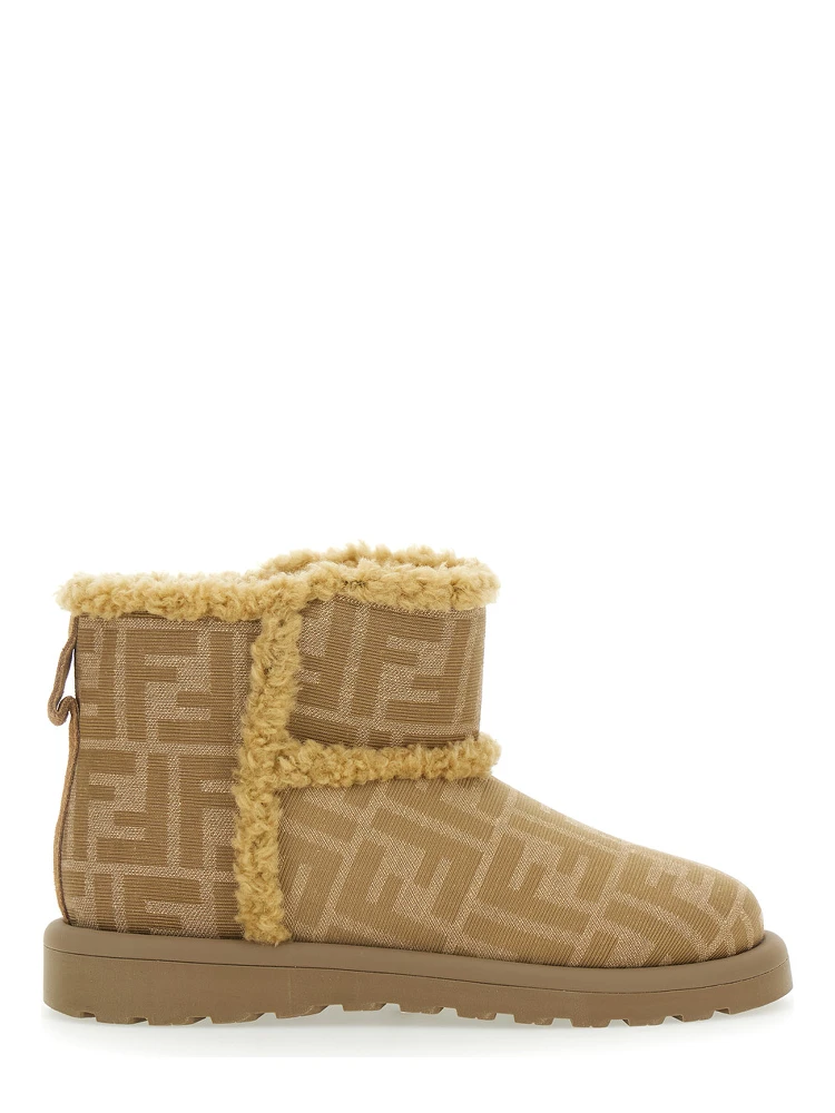 Beige Ankle Boots with All-Over FF Motif in Fabric Girl