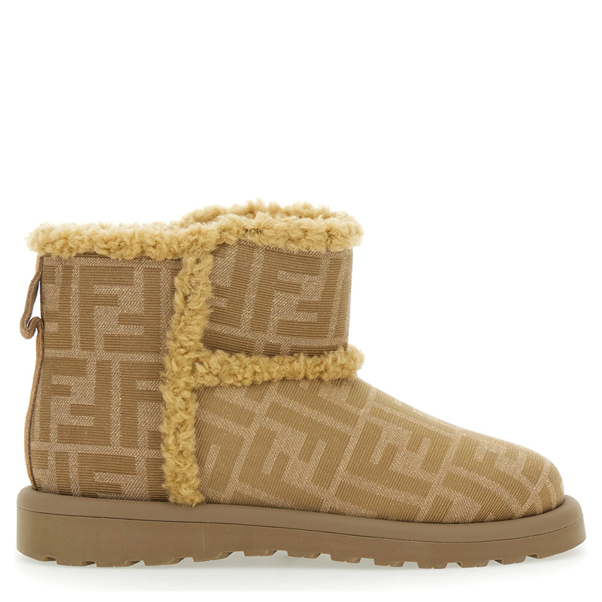 Beige Ankle Boots with All-Over FF Motif in Fabric Girl