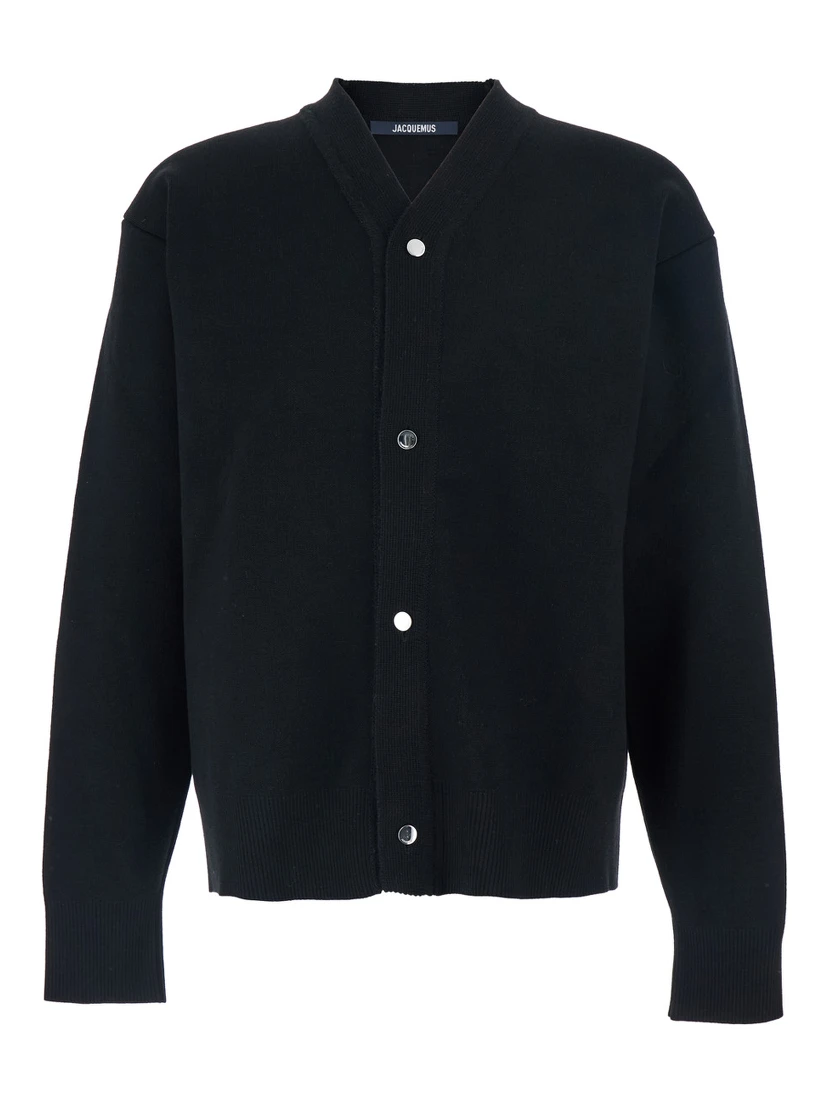 Black V-Neck Cardigan with J Logo on the Back in Wool Man