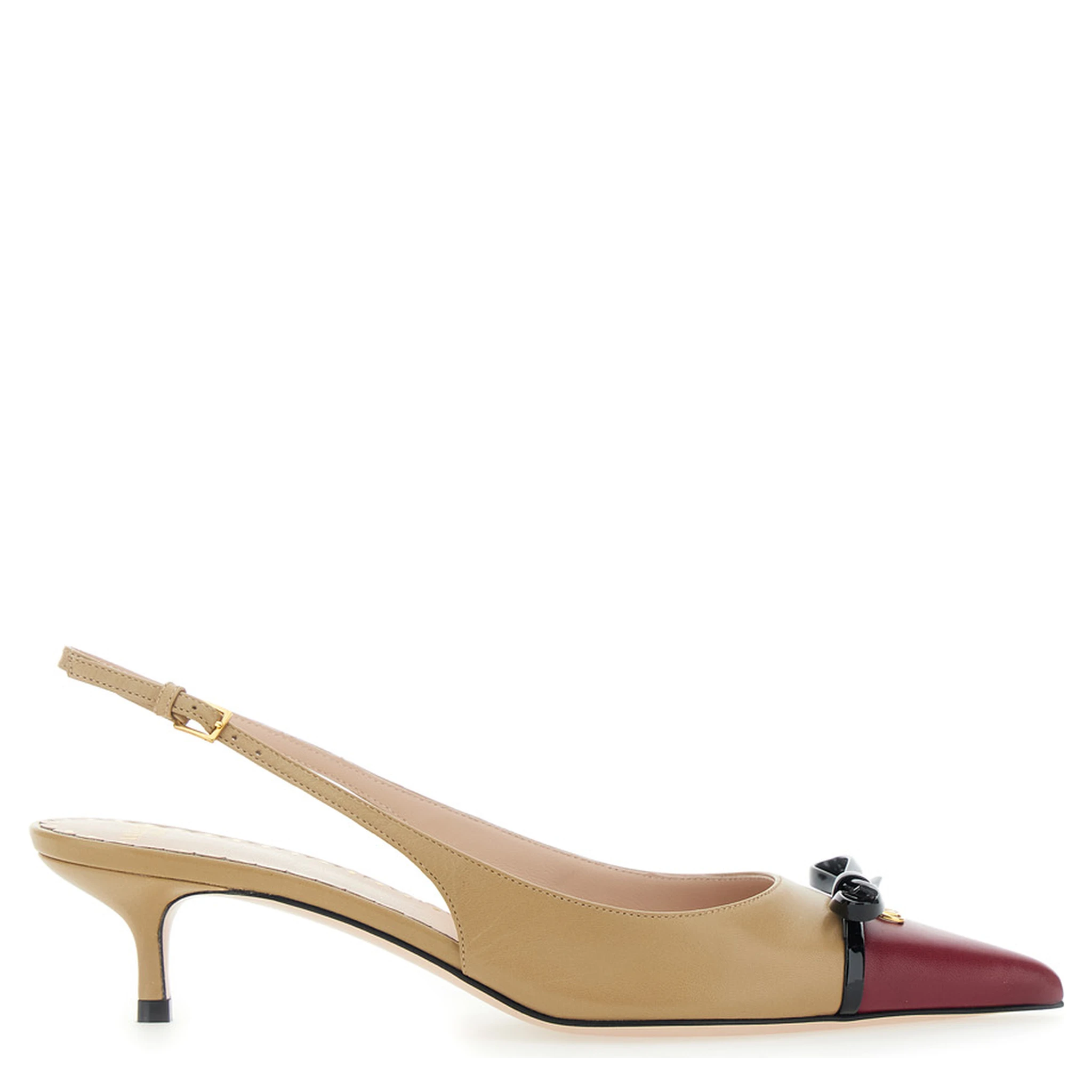 Beige Décolleté with Bow and Logo Plaque on the Front in Leather Woman