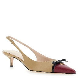 Beige Décolleté with Bow and Logo Plaque on the Front in Leather Woman