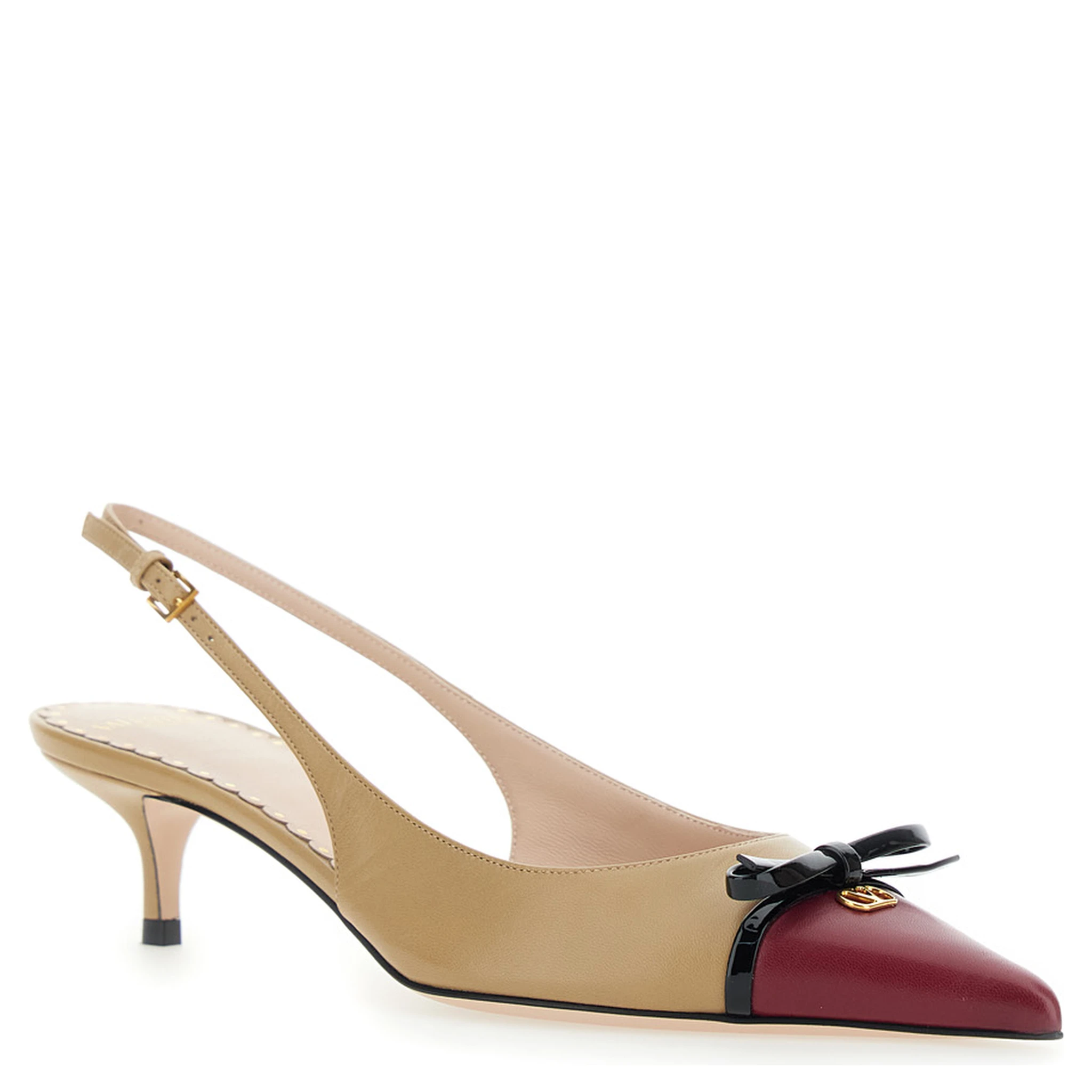 Beige Décolleté with Bow and Logo Plaque on the Front in Leather Woman