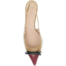 Beige Décolleté with Bow and Logo Plaque on the Front in Leather Woman