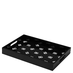 Black Rectangular Tray with All-Over Logo Print in Lacquered Wood Home