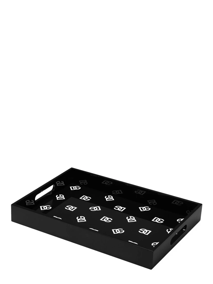 Black Rectangular Tray with All-Over Logo Print in Lacquered Wood Home