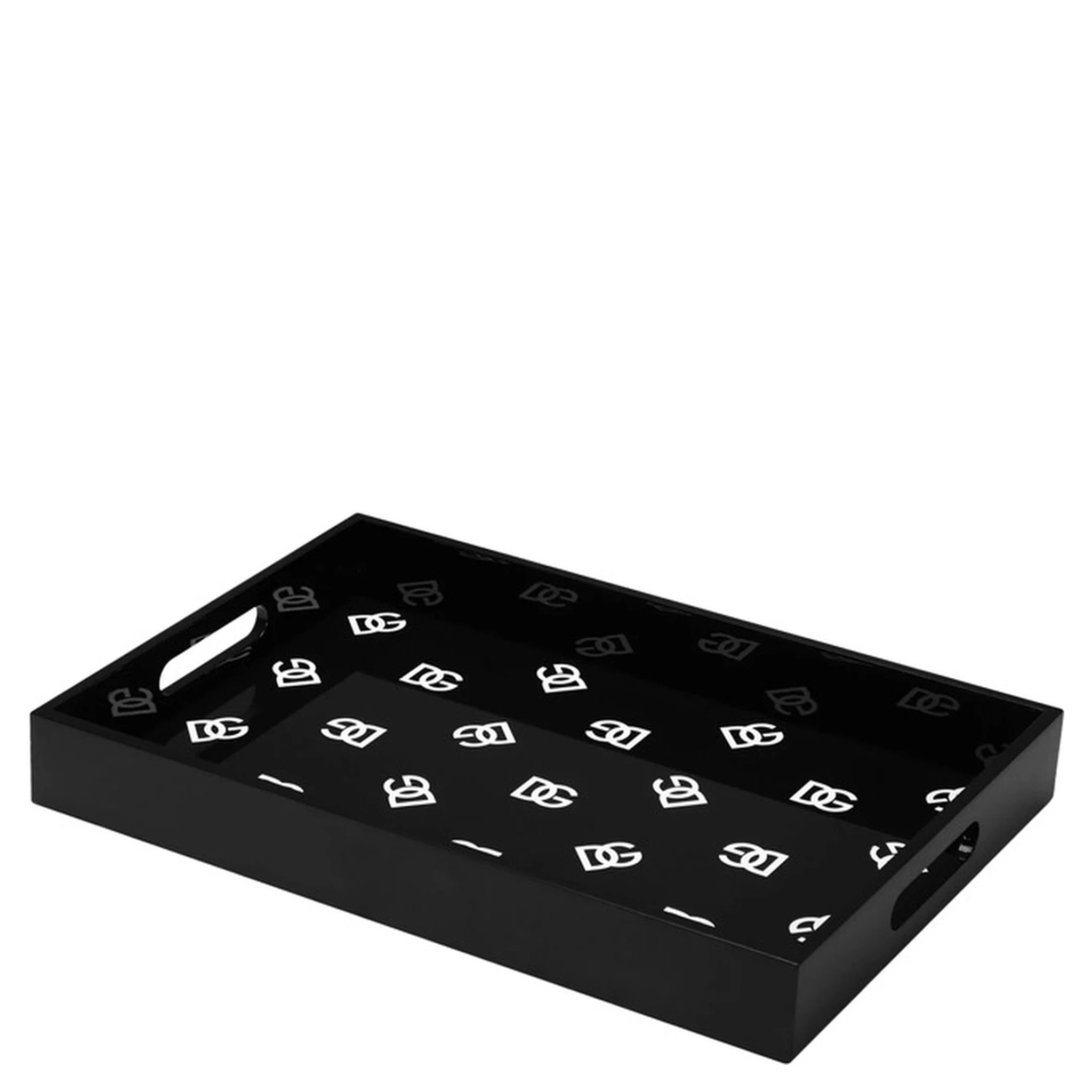 Black Rectangular Tray with All-Over Logo Print in Lacquered Wood Home