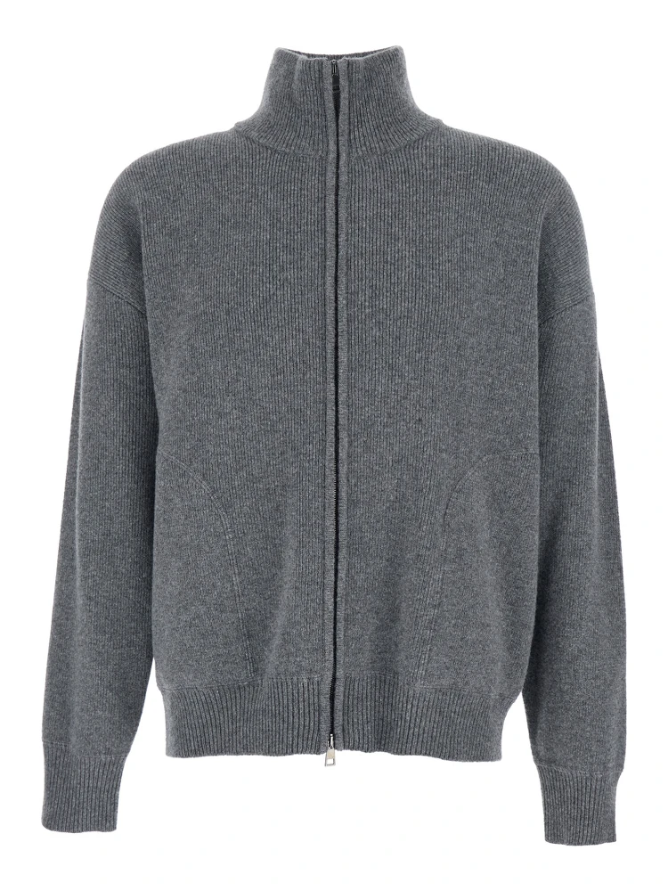 Grey Sweatshirt with Dropped Shoulders and Front Zip Closure in Wool Man