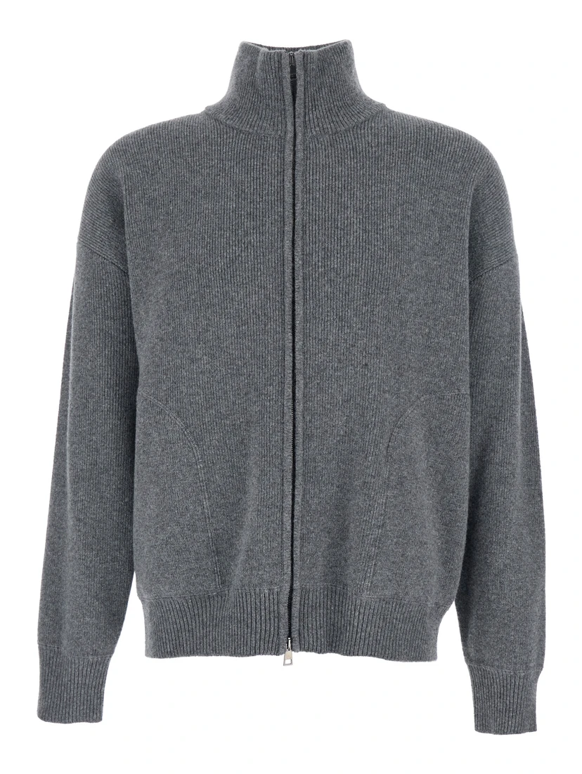 Grey Sweatshirt with Dropped Shoulders and Front Zip Closure in Wool Man