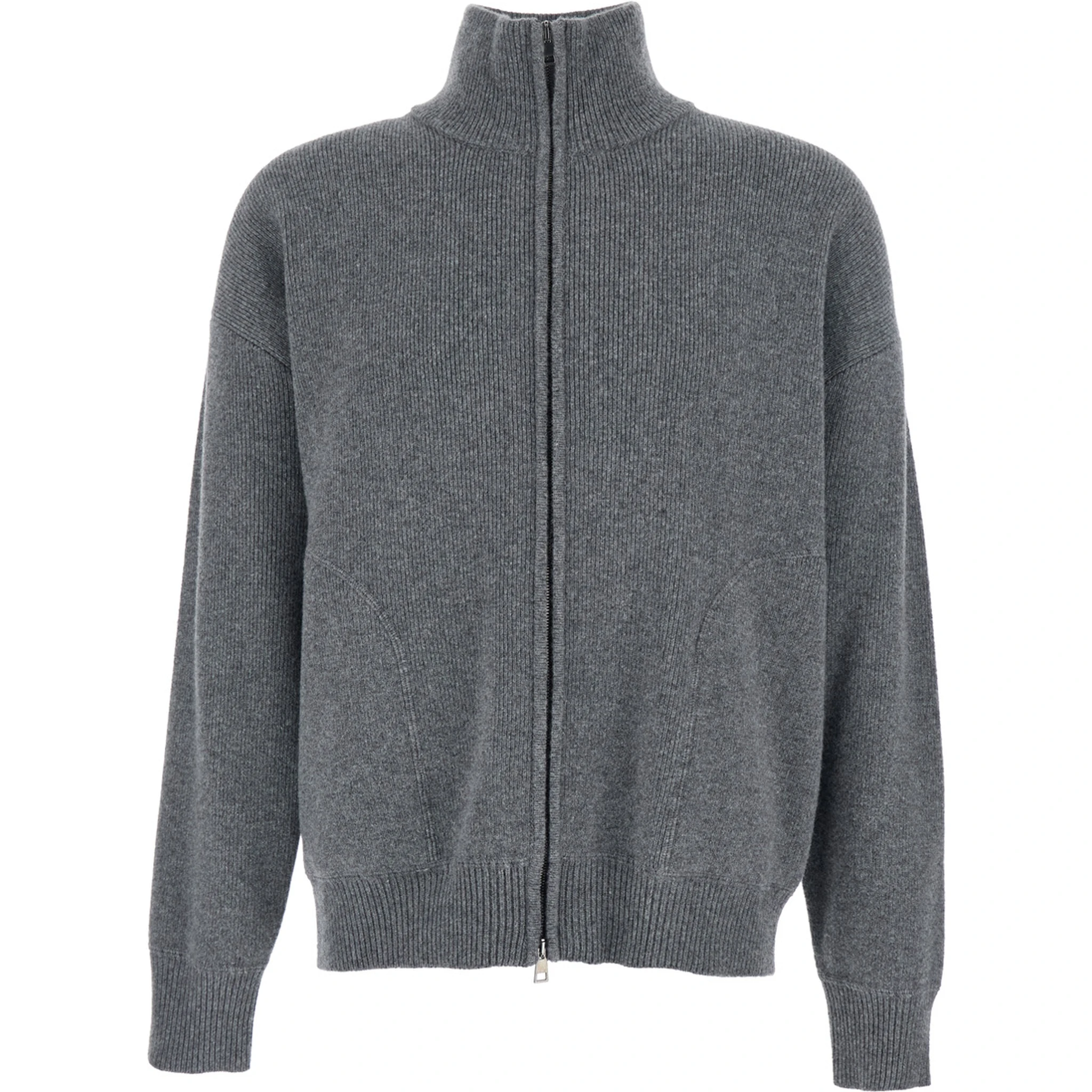 Grey Sweatshirt with Dropped Shoulders and Front Zip Closure in Wool Man