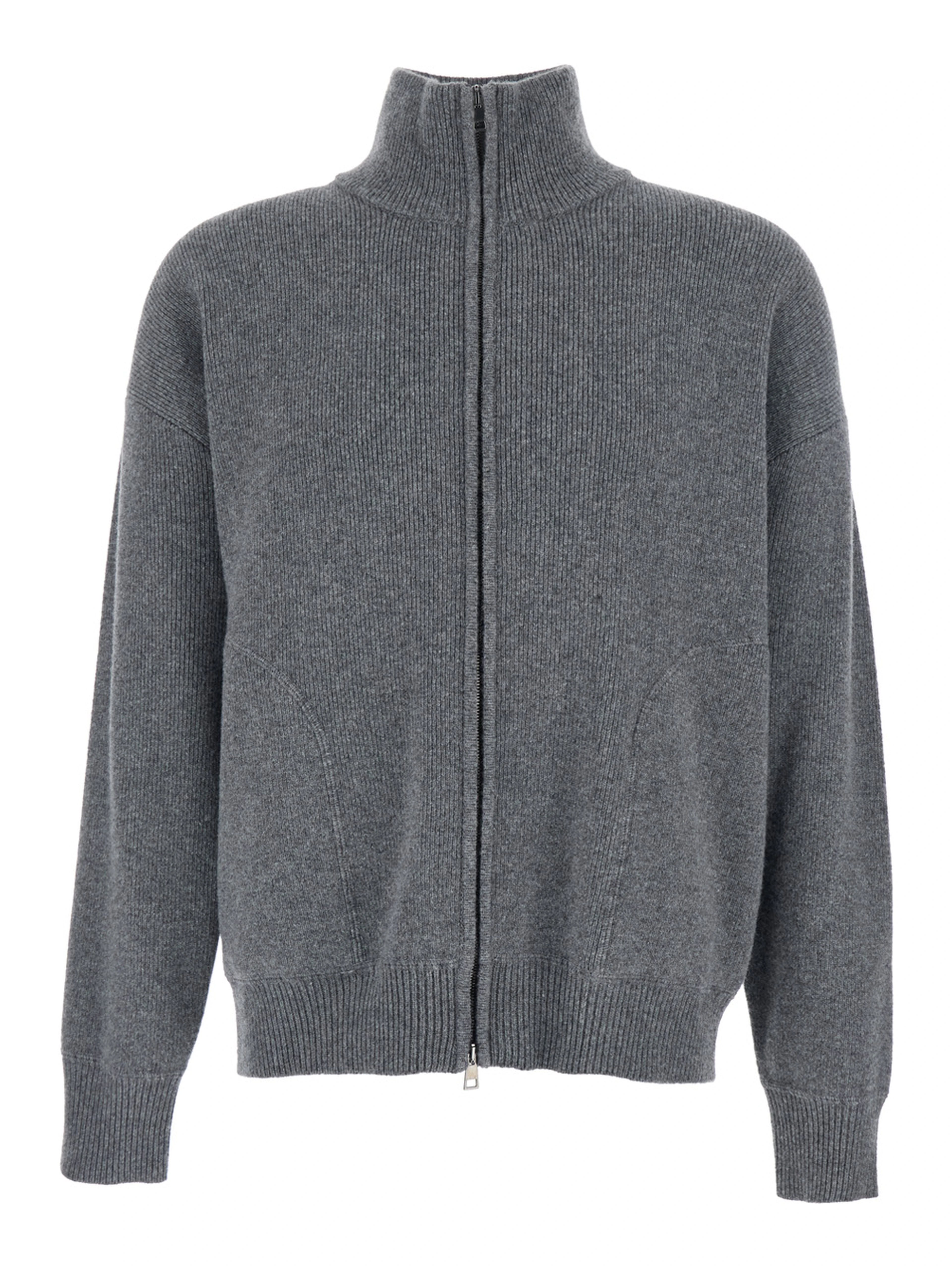 Grey Sweatshirt with Dropped Shoulders and Front Zip Closure in Wool Man
