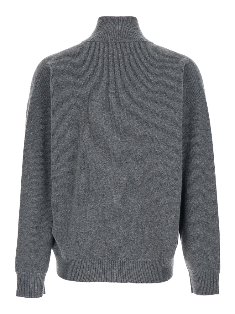 Grey Sweatshirt with Dropped Shoulders and Front Zip Closure in Wool Man alternative