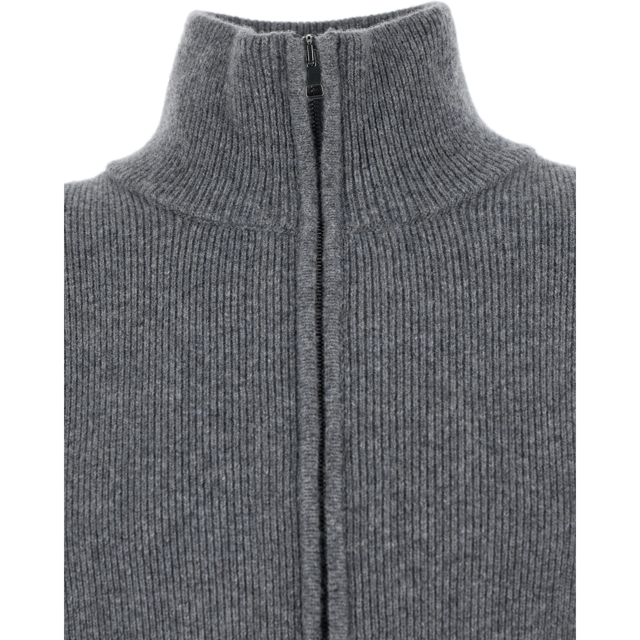 Grey Sweatshirt with Dropped Shoulders and Front Zip Closure in Wool Man