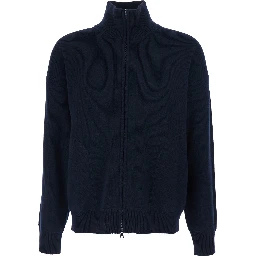 Blue Sweatshirt with Dropped Shoulders and Front Zip Closure in Wool Man