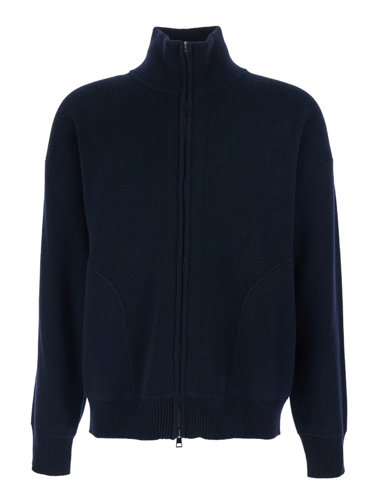 Blue Sweatshirt with Dropped Shoulders and Front Zip Closure in Wool Man