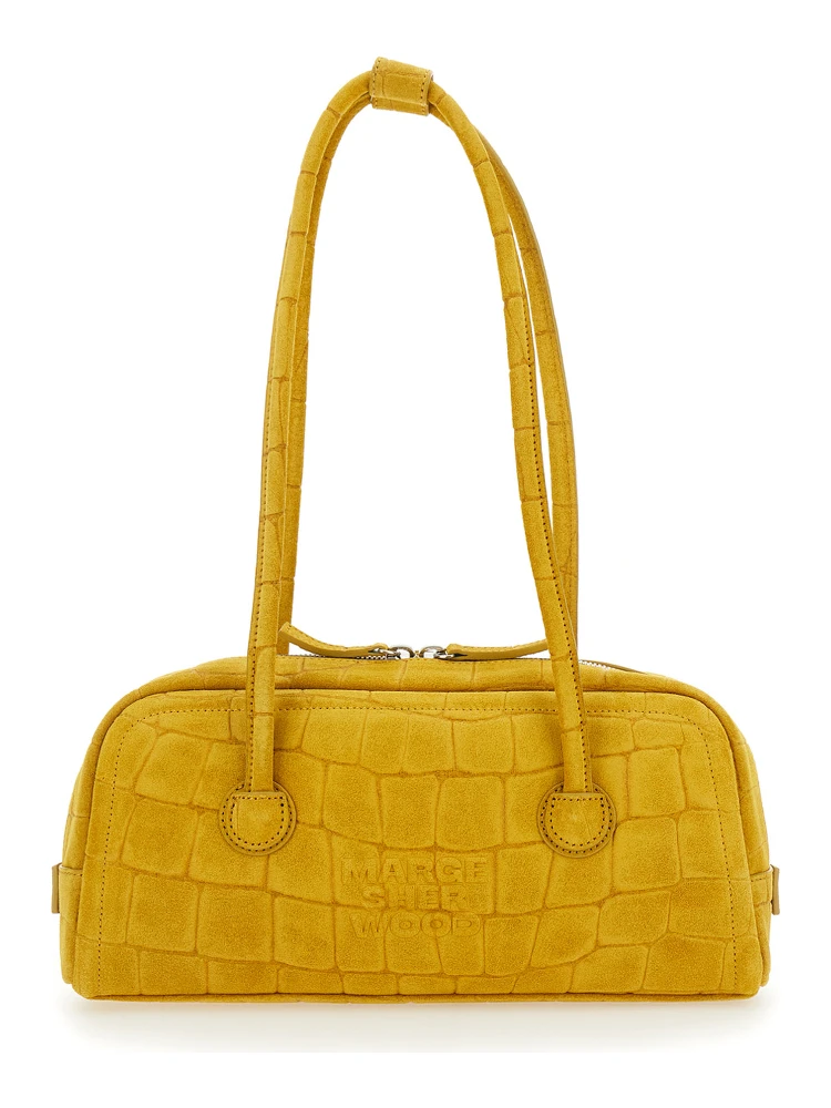 Boston Yellow Shoulder Bag with Embossed Logo Lettering on the Front in Suede Woman
