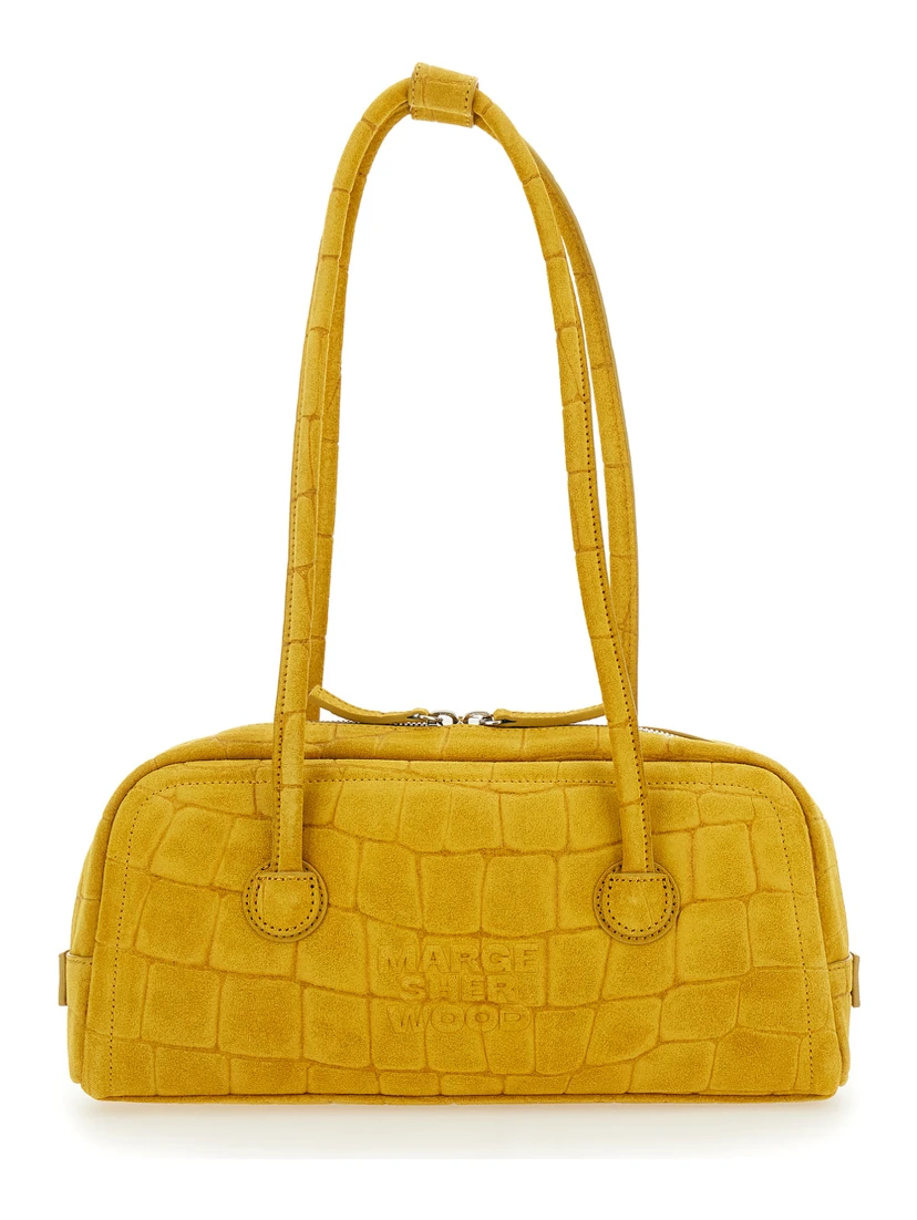Boston Yellow Shoulder Bag with Embossed Logo Lettering on the Front in Suede Woman