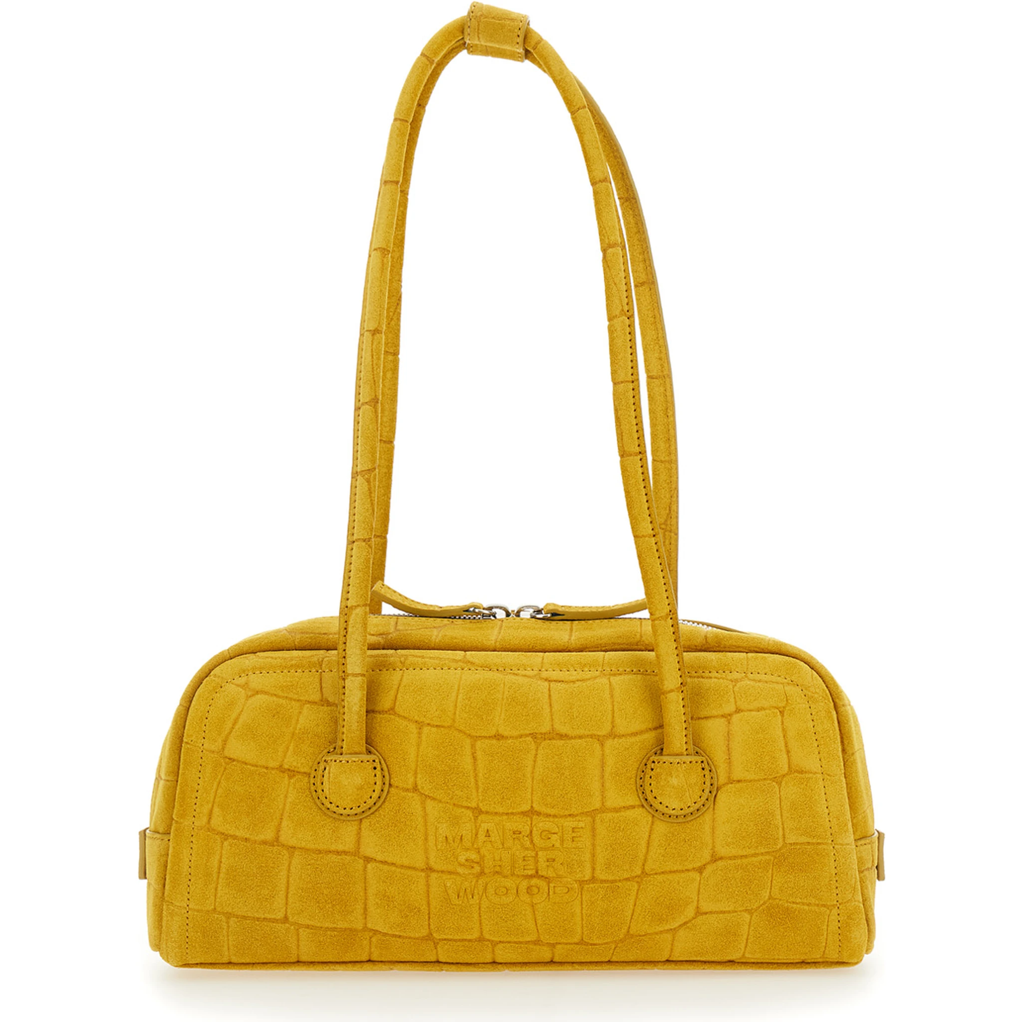 Boston Yellow Shoulder Bag with Embossed Logo Lettering on the Front in Suede Woman