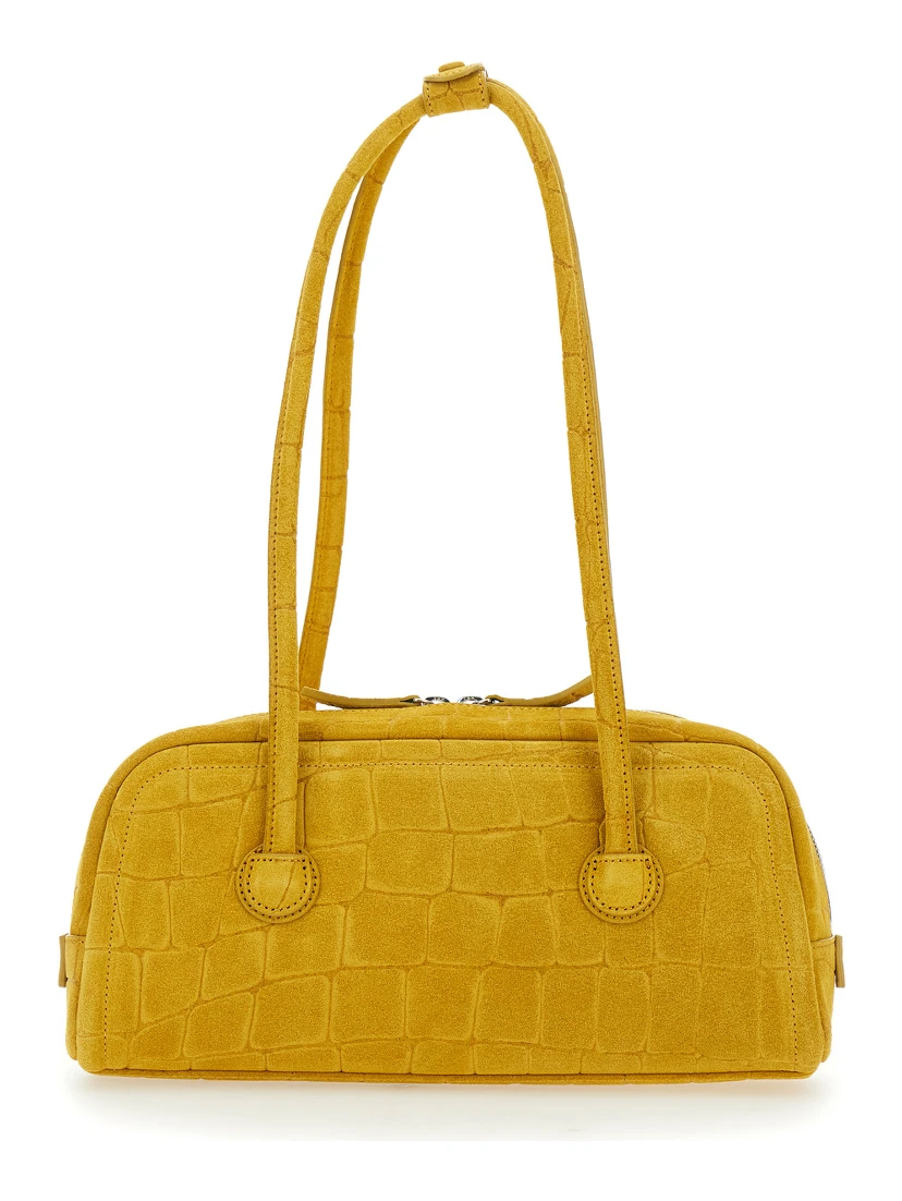 Boston Yellow Shoulder Bag with Embossed Logo Lettering on the Front in Suede Woman