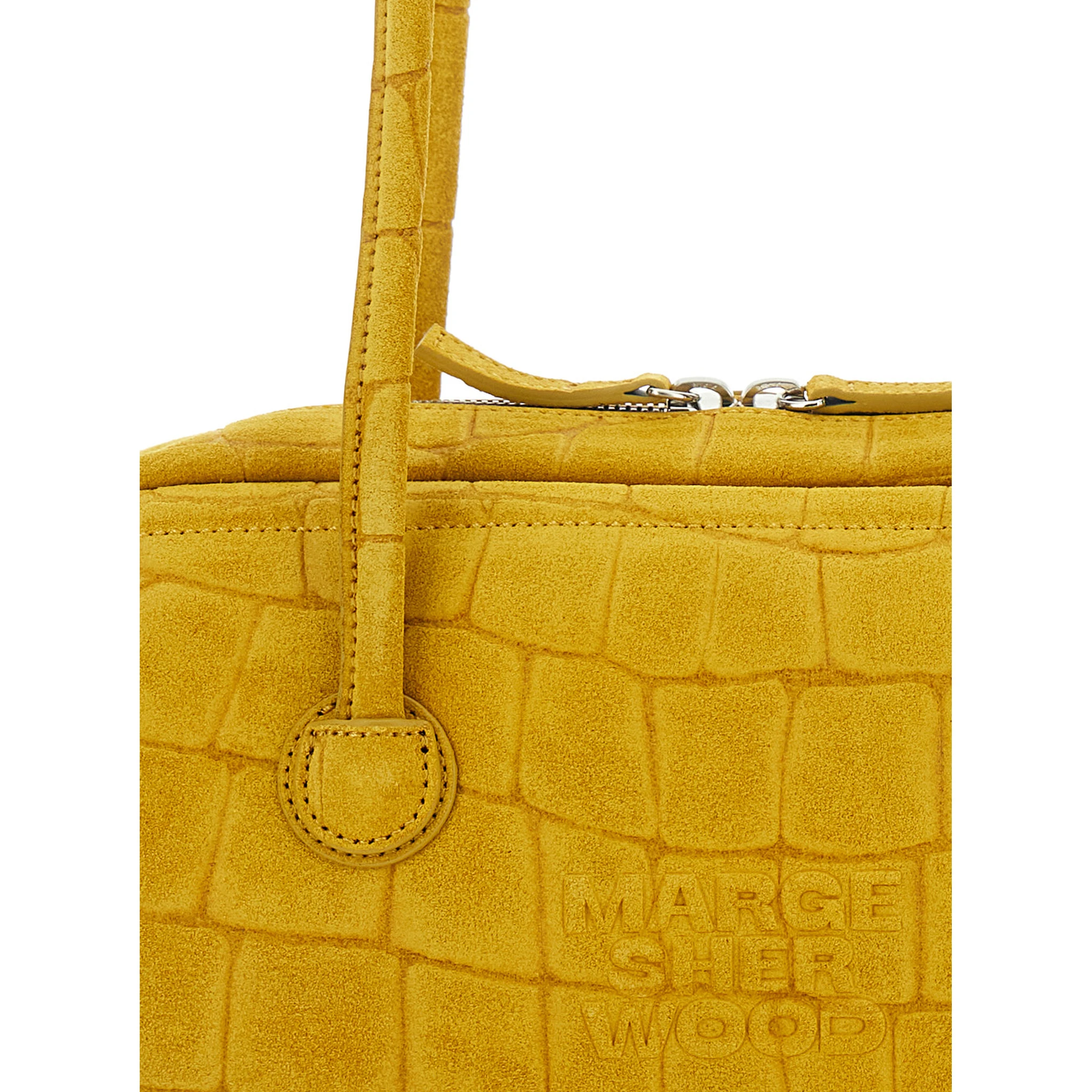 Boston Yellow Shoulder Bag with Embossed Logo Lettering on the Front in Suede Woman