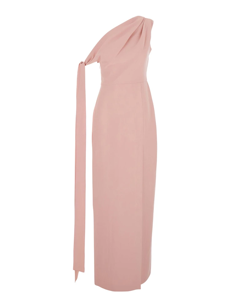 Irina Pink One-Shoulder Long Dress with Draped Neckline in Fabric Woman