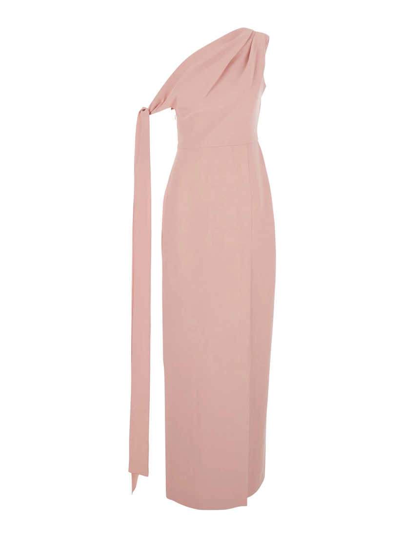 Irina Pink One-Shoulder Long Dress with Draped Neckline in Fabric Woman