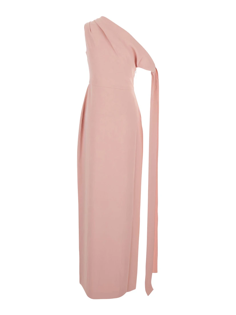 Irina Pink One-Shoulder Long Dress with Draped Neckline in Fabric Woman