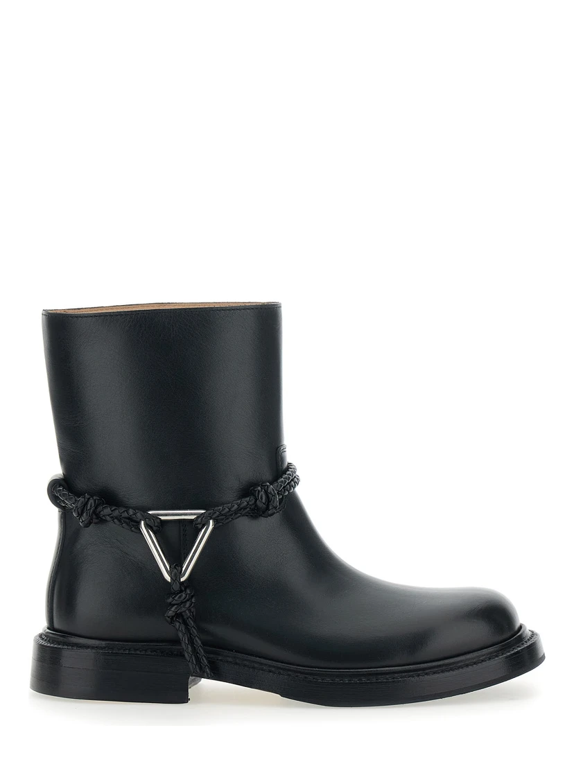 Black Ankle Boots with Metallic Detail on the Side and Applied Laces in Leather Woman