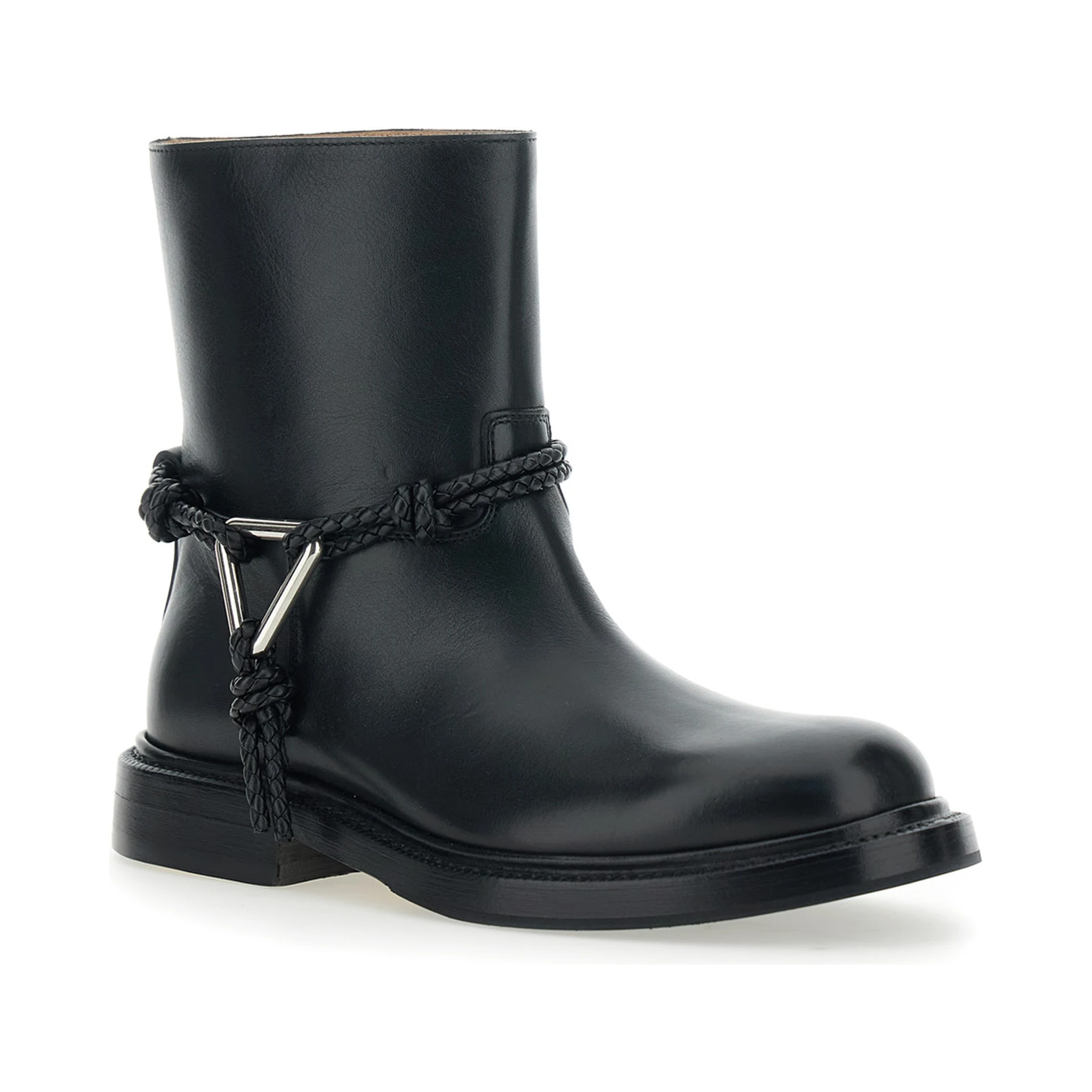 Black Ankle Boots with Metallic Detail on the Side and Applied Laces in Leather Woman