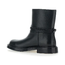 Black Ankle Boots with Metallic Detail on the Side and Applied Laces in Leather Woman