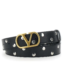 Black Belt with VLogo Buckle Closure and All-Over Stud Embellishments in Leather Woman