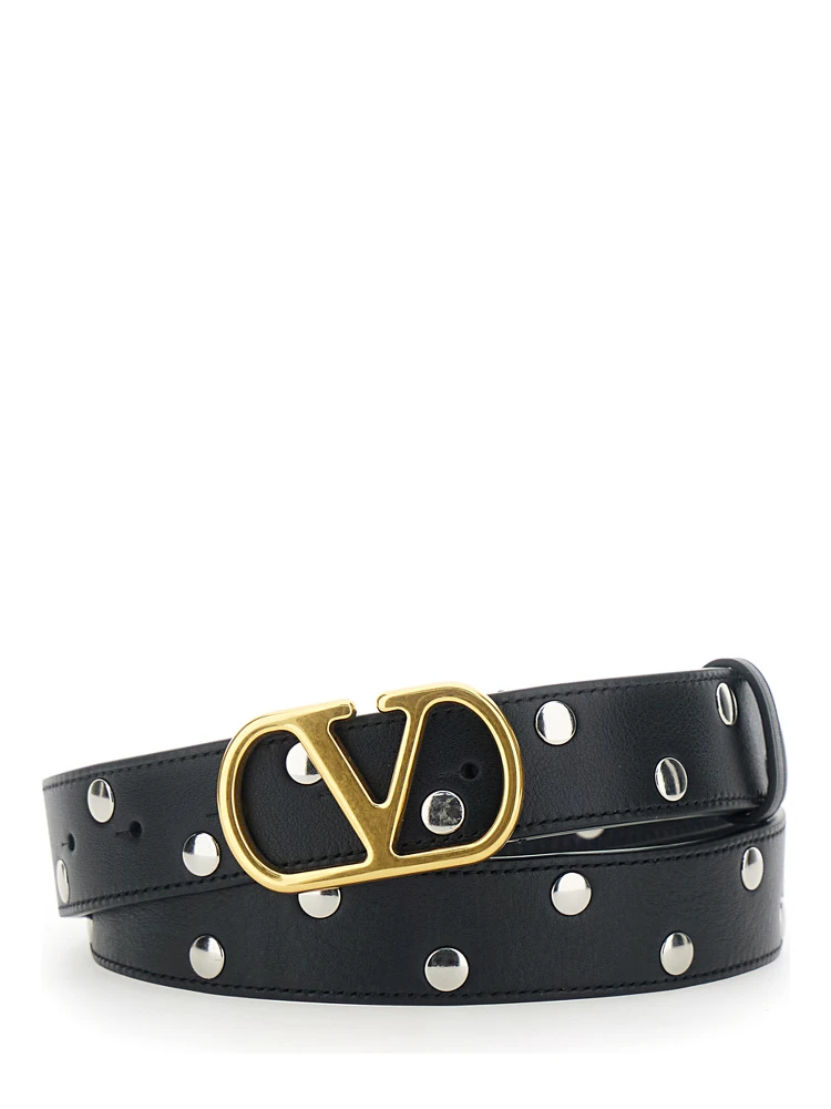 Black Belt with VLogo Buckle Closure and All-Over Stud Embellishments in Leather Woman