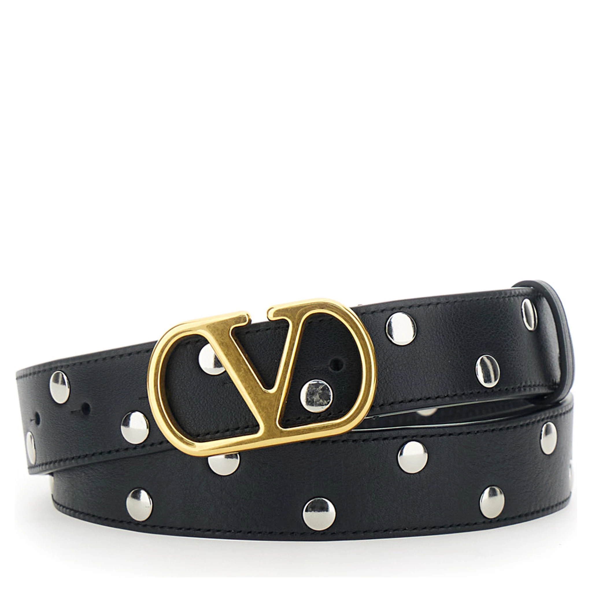 Black Belt with VLogo Buckle Closure and All-Over Stud Embellishments in Leather Woman