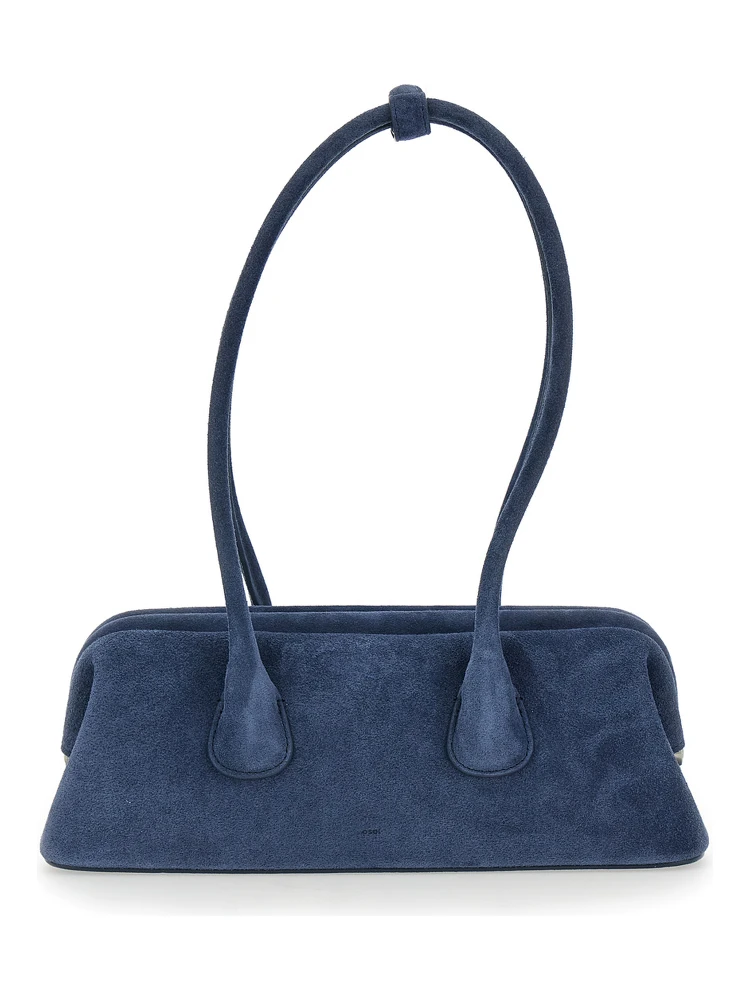 Boat Wide Mini Blue Shoulder Bag with Round Handles in Suede Woman