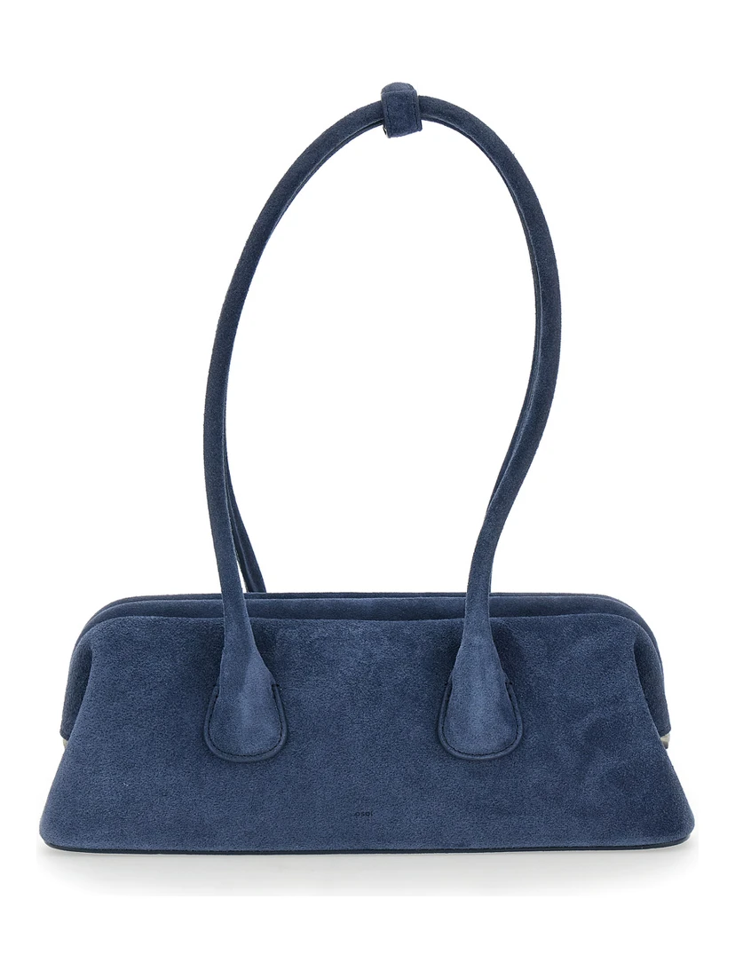 Boat Wide Mini Blue Shoulder Bag with Round Handles in Suede Woman