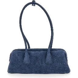 Boat Wide Mini Blue Shoulder Bag with Round Handles in Suede Woman