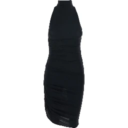 La Robe Piazza Courte Black Dress with High Neck and Ruffle Details in Black Fabric