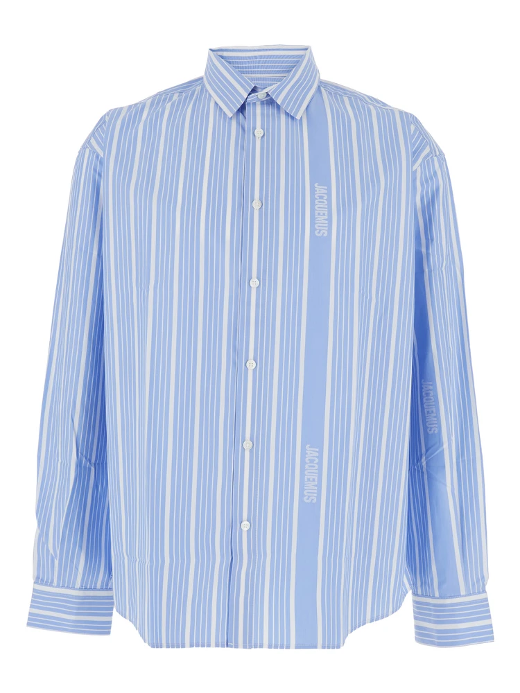 Simon Light blue Shirt with All-Over Stripe Motif and Logo Lettering in Cotton Man