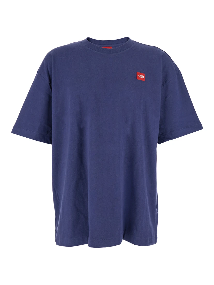 Blue Crewneck T-Shirt with Logo Patch on the Front in Cotton Man