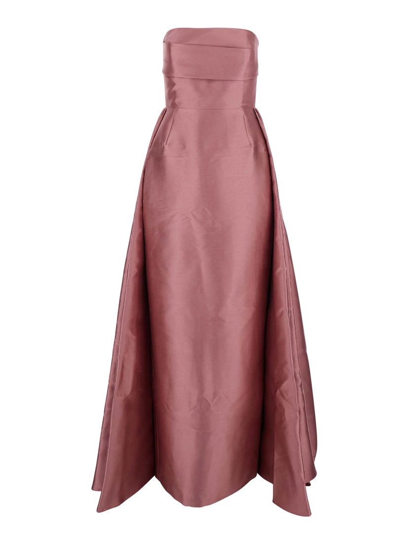 Tiffany Pink Long Dress with Draped Details and Flared Skirt in Twill Woman